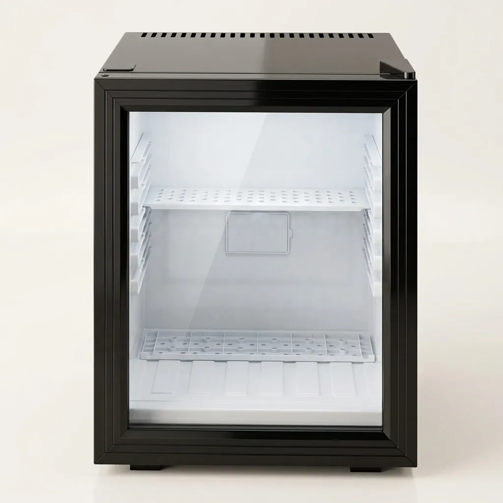 Thermo Absorption Mini Bar 28L with Aluminum Interior [1032] — MBF-1032 — A 28L thermoelectric minibar with a glass door and an aluminium interior for attractive, efficient cooling. The compressor-free system runs silent with no vibration or CFC, holding 12 degrees with a magic shelf, reversible door and internal LED light. Measures 38.5x38.5x48.5cm, finished in black. (image 5)