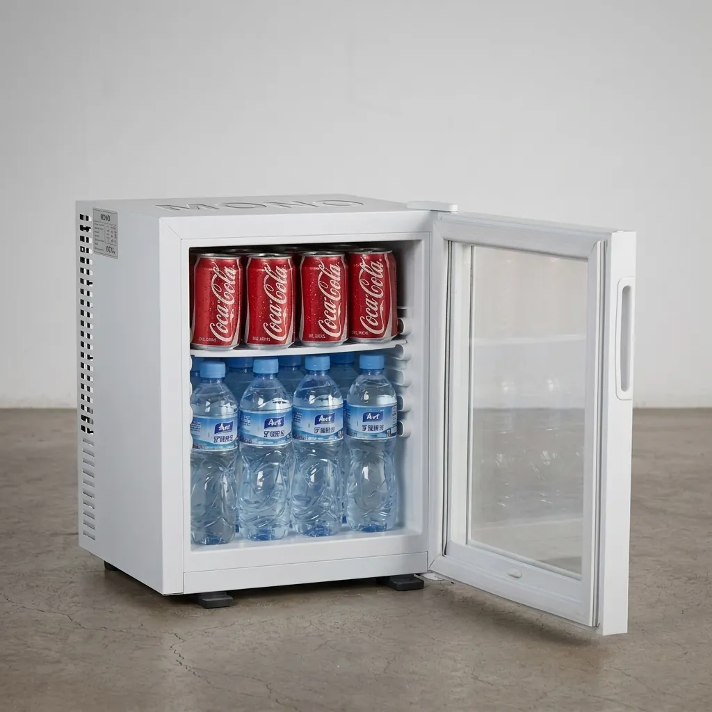 Thermo Absorption Mini Bar 28L with Aluminum Interior [1033] — MBF-1033 — A 28L thermoelectric minibar with a glass door and an aluminium interior for tidy, efficient cooling. The compressor-free system runs silent with no vibration or CFC, holding 12 degrees with a magic shelf, reversible door and internal LED light. Measures 38.5x38.5x48.5cm, finished in white. (image 1)