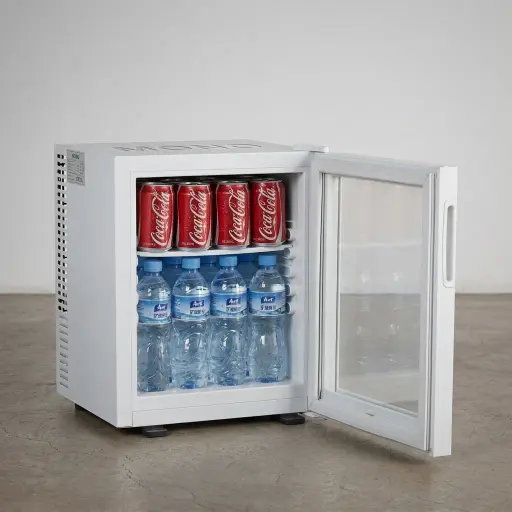 Thermo Absorption Mini Bar 28L with Aluminum Interior [1033] — MBF-1033 — A 28L thermoelectric minibar with a glass door and an aluminium interior for tidy, efficient cooling. The compressor-free system runs silent with no vibration or CFC, holding 12 degrees with a magic shelf, reversible door and internal LED light. Measures 38.5x38.5x48.5cm, finished in white.