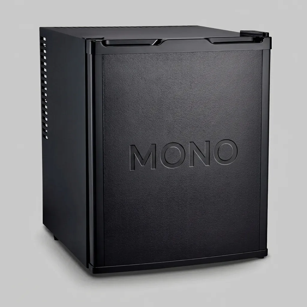 Thermo Absorption Mini Bar 35L with Aluminum Interior [1034] — MBF-1034 — A 35L thermoelectric minibar with a solid door and an aluminium interior for efficient cooling. The compressor-free system runs silent at 0dB with no vibration or CFC, holding 8 degrees with a magic shelf, reversible door and internal LED light. Measures 38.5x42x47.5cm, in black or white. (image 1)