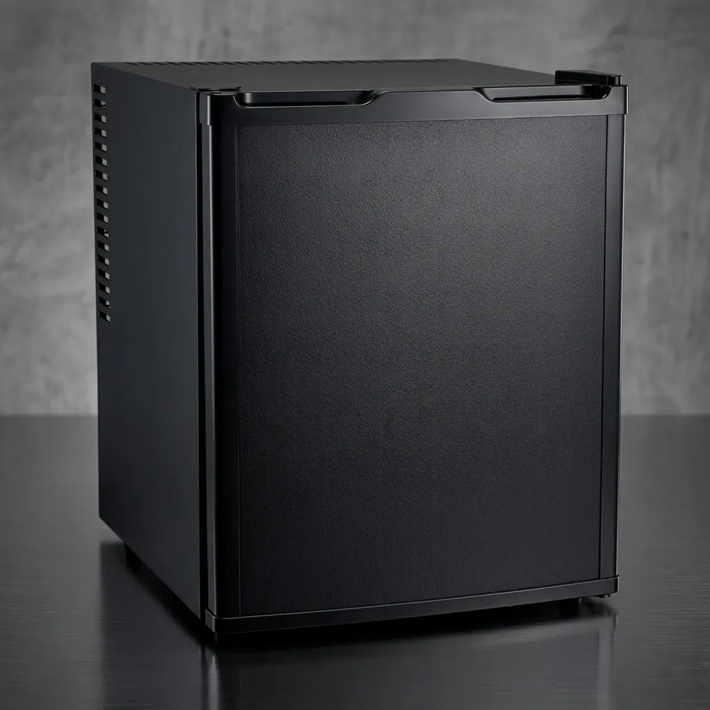 Thermo Absorption Mini Bar 35L with Aluminum Interior [1034] — MBF-1034 — A 35L thermoelectric minibar with a solid door and an aluminium interior for efficient cooling. The compressor-free system runs silent at 0dB with no vibration or CFC, holding 8 degrees with a magic shelf, reversible door and internal LED light. Measures 38.5x42x47.5cm, in black or white. (image 2)