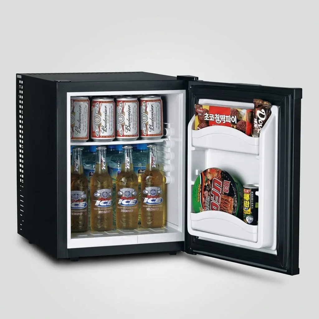 Thermo Absorption Mini Bar 35L with Aluminum Interior [1034] — MBF-1034 — A 35L thermoelectric minibar with a solid door and an aluminium interior for efficient cooling. The compressor-free system runs silent at 0dB with no vibration or CFC, holding 8 degrees with a magic shelf, reversible door and internal LED light. Measures 38.5x42x47.5cm, in black or white. (image 3)