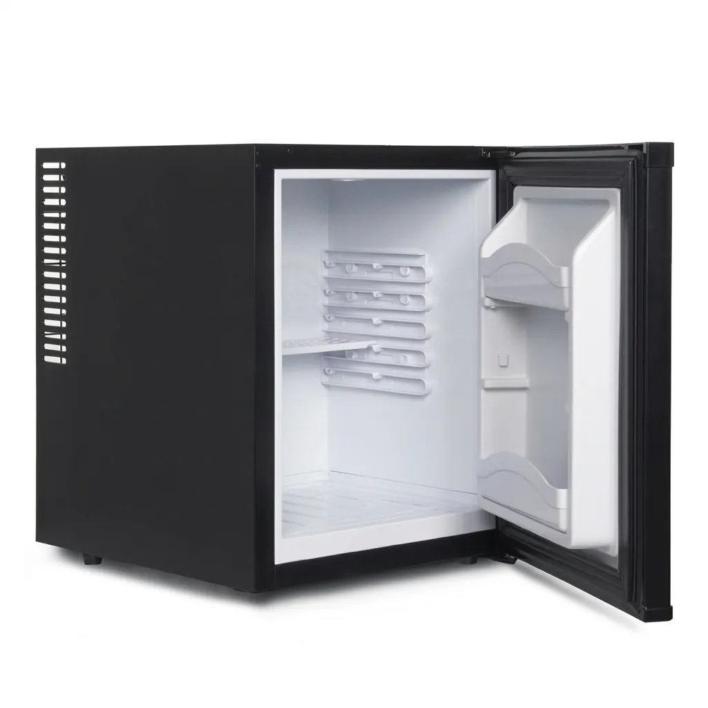 Thermo Absorption Mini Bar 35L with Aluminum Interior [1034] — MBF-1034 — A 35L thermoelectric minibar with a solid door and an aluminium interior for efficient cooling. The compressor-free system runs silent at 0dB with no vibration or CFC, holding 8 degrees with a magic shelf, reversible door and internal LED light. Measures 38.5x42x47.5cm, in black or white. (image 4)
