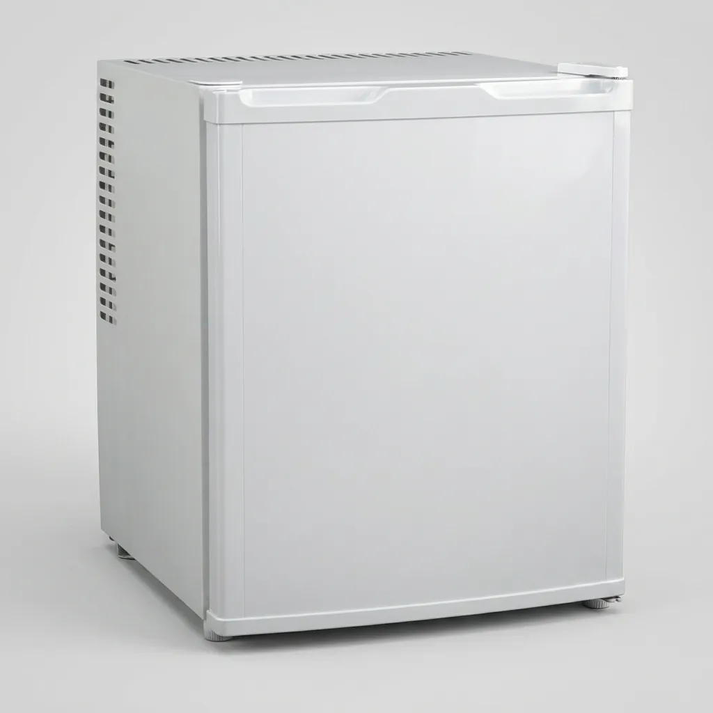 Thermo Absorption Mini Bar 35L with Aluminum Interior [1035] — MBF-1035 — A 35L thermoelectric minibar with a solid door and an aluminium interior for even cooling. The compressor-free system runs silent at 0dB with no vibration or CFC, holding 8 degrees with a magic shelf, reversible door and internal LED light. Measures 38.5x42x47.5cm, in black or white. (image 2)
