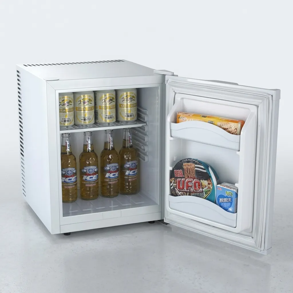 Thermo Absorption Mini Bar 35L with Aluminum Interior [1035] — MBF-1035 — A 35L thermoelectric minibar with a solid door and an aluminium interior for even cooling. The compressor-free system runs silent at 0dB with no vibration or CFC, holding 8 degrees with a magic shelf, reversible door and internal LED light. Measures 38.5x42x47.5cm, in black or white. (image 3)