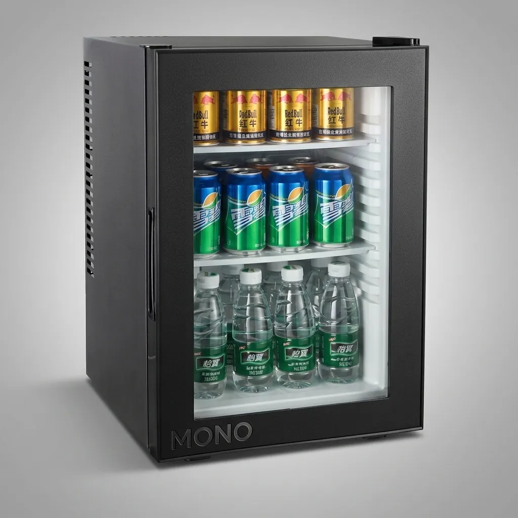 Thermo Absorption Mini Bar 40L with Magic Shelf [1036] — MBF-1036 — A 40L thermoelectric minibar with a glass door and a magic-shelf design that adapts to different bottle sizes. The compressor-free system runs silent at 0dB with no vibration or CFC, holding 12 to 17 degrees with a reversible door and internal LED light. Measures 40x41.5x57cm, finished in black. (image 1)