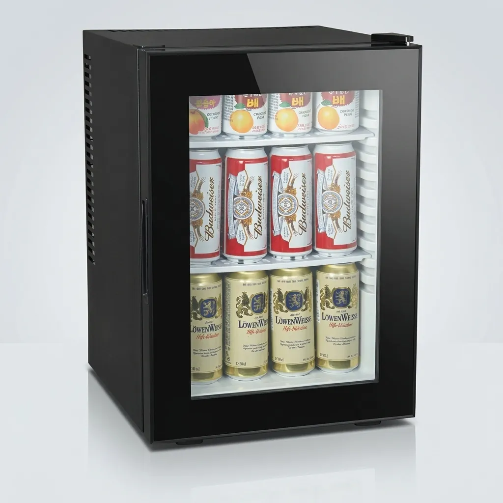 Thermo Absorption Mini Bar 40L with Magic Shelf [1036] — MBF-1036 — A 40L thermoelectric minibar with a glass door and a magic-shelf design that adapts to different bottle sizes. The compressor-free system runs silent at 0dB with no vibration or CFC, holding 12 to 17 degrees with a reversible door and internal LED light. Measures 40x41.5x57cm, finished in black. (image 2)