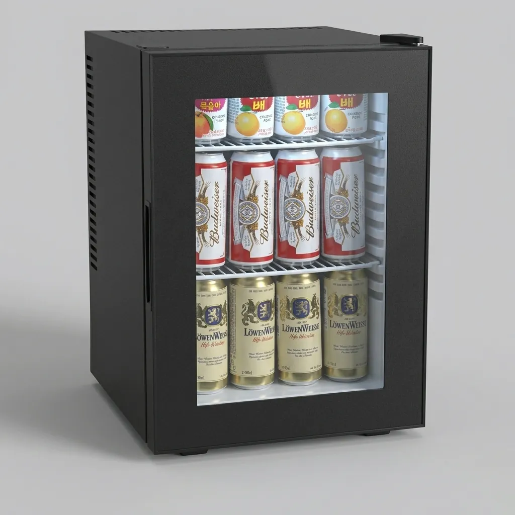 Thermo Absorption Mini Bar 40L with Magic Shelf [1036] — MBF-1036 — A 40L thermoelectric minibar with a glass door and a magic-shelf design that adapts to different bottle sizes. The compressor-free system runs silent at 0dB with no vibration or CFC, holding 12 to 17 degrees with a reversible door and internal LED light. Measures 40x41.5x57cm, finished in black. (image 3)