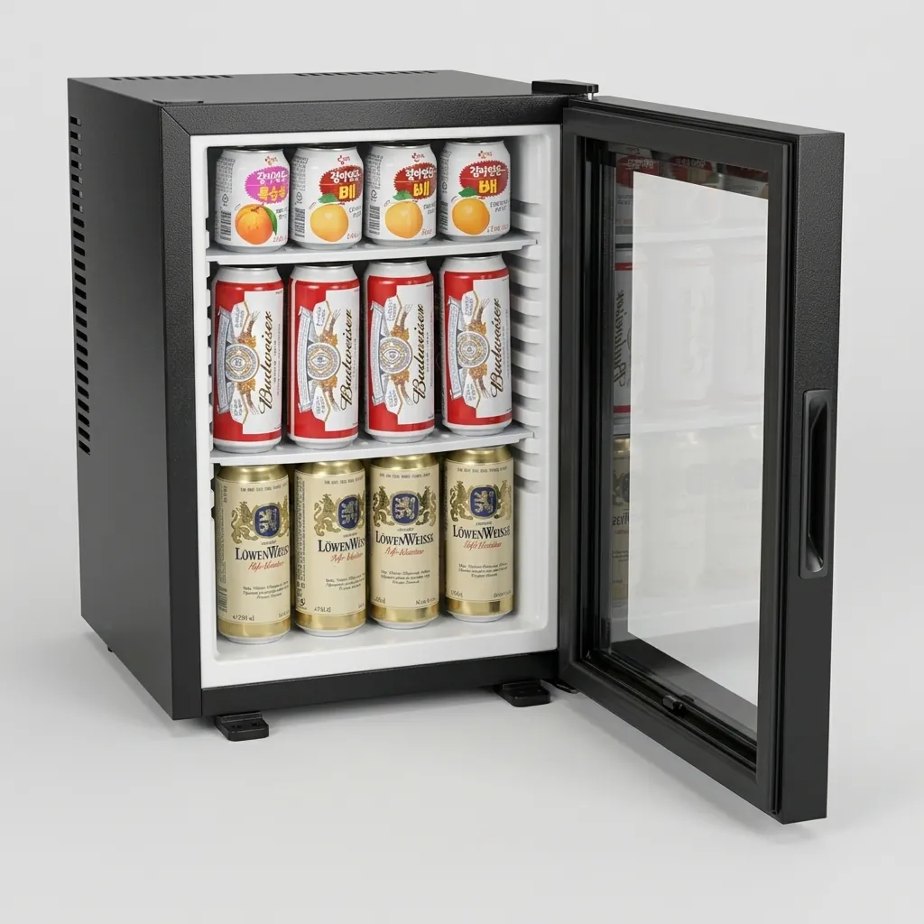 Thermo Absorption Mini Bar 40L with Magic Shelf [1036] — MBF-1036 — A 40L thermoelectric minibar with a glass door and a magic-shelf design that adapts to different bottle sizes. The compressor-free system runs silent at 0dB with no vibration or CFC, holding 12 to 17 degrees with a reversible door and internal LED light. Measures 40x41.5x57cm, finished in black. (image 4)