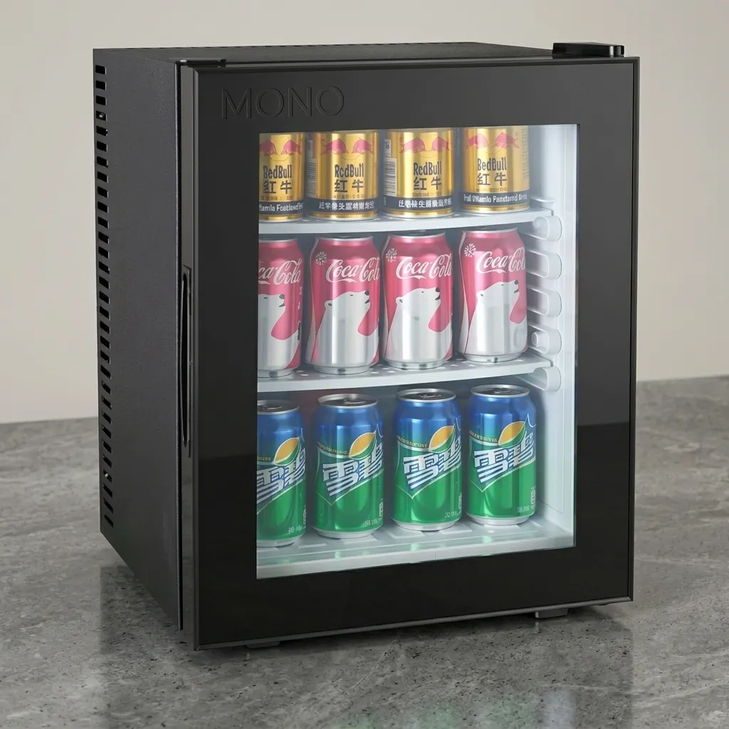 Thermo Absorption Mini Bar 35L with Glass Door — MBF-1038 — A 35L thermoelectric minibar with a glass door and an aluminium interior for attractive in-room display. The compressor-free system runs silent at 0dB with no vibration or CFC, holding 12 degrees with a magic shelf and reversible door. Measures 38.3x45.5x48.5cm, in black or white. (image 1)