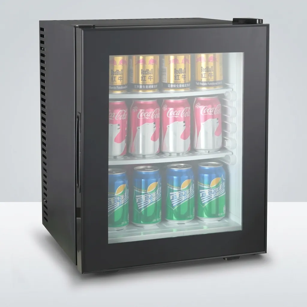 Thermo Absorption Mini Bar 35L with Glass Door — MBF-1038 — A 35L thermoelectric minibar with a glass door and an aluminium interior for attractive in-room display. The compressor-free system runs silent at 0dB with no vibration or CFC, holding 12 degrees with a magic shelf and reversible door. Measures 38.3x45.5x48.5cm, in black or white. (image 2)