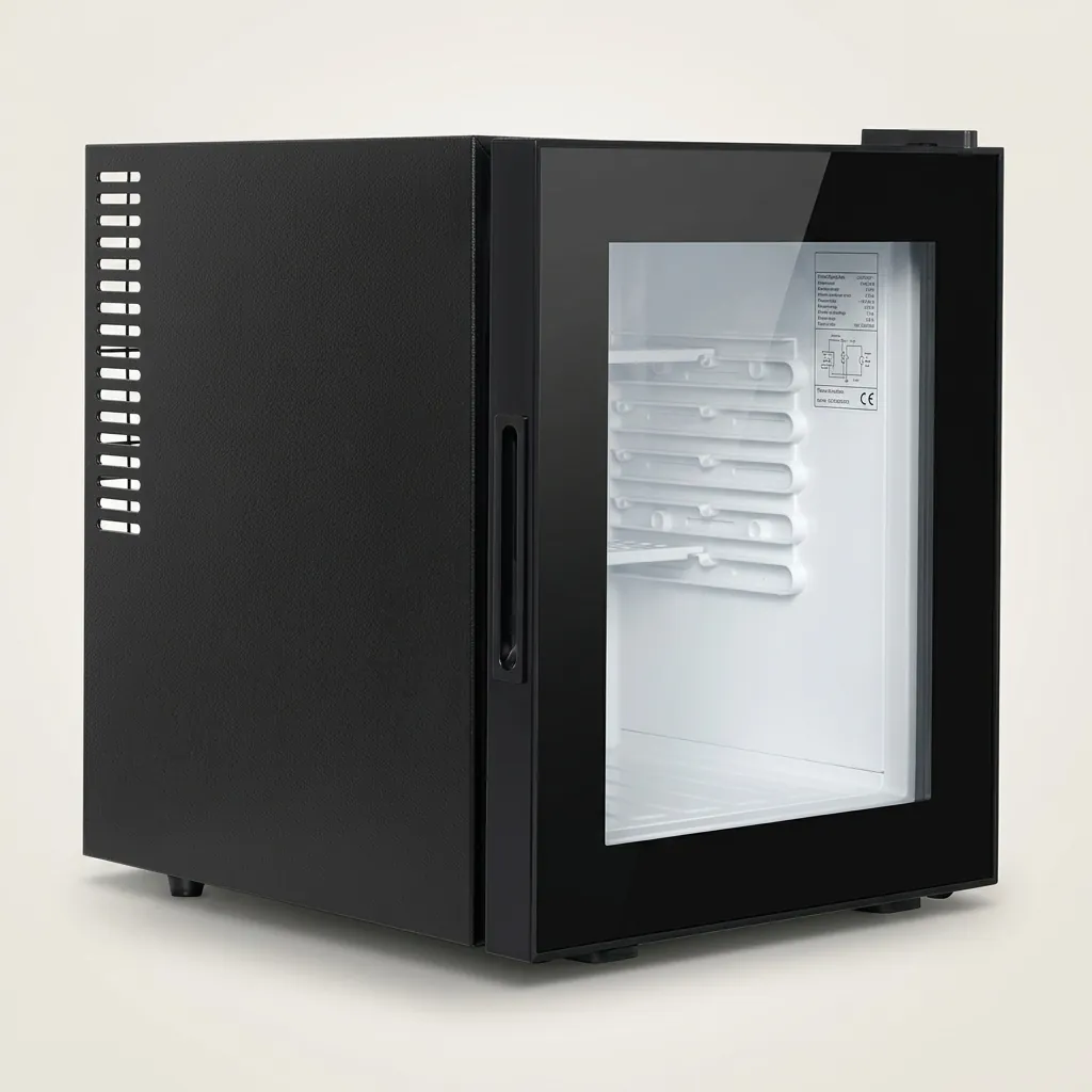 Thermo Absorption Mini Bar 35L with Glass Door — MBF-1038 — A 35L thermoelectric minibar with a glass door and an aluminium interior for attractive in-room display. The compressor-free system runs silent at 0dB with no vibration or CFC, holding 12 degrees with a magic shelf and reversible door. Measures 38.3x45.5x48.5cm, in black or white. (image 3)