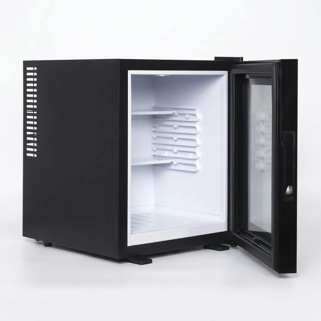 Thermo Absorption Mini Bar 35L with Glass Door — MBF-1038 — A 35L thermoelectric minibar with a glass door and an aluminium interior for attractive in-room display. The compressor-free system runs silent at 0dB with no vibration or CFC, holding 12 degrees with a magic shelf and reversible door. Measures 38.3x45.5x48.5cm, in black or white. (image 4)