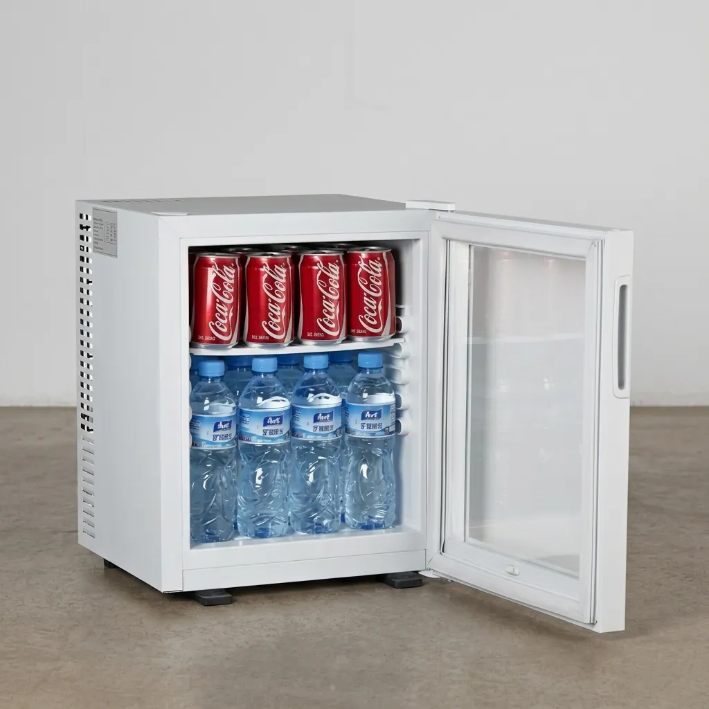 Thermo Absorption Mini Bar 35L with Magic Shelf — MBF-1039 — A 35L thermoelectric minibar with an aluminium interior and a magic-shelf design for varied bottle sizes. The compressor-free system runs silent with no vibration or CFC, holding 12 degrees with a reversible door and internal LED light. Measures 38.3x45.5x48.5cm, finished in white. (image 2)