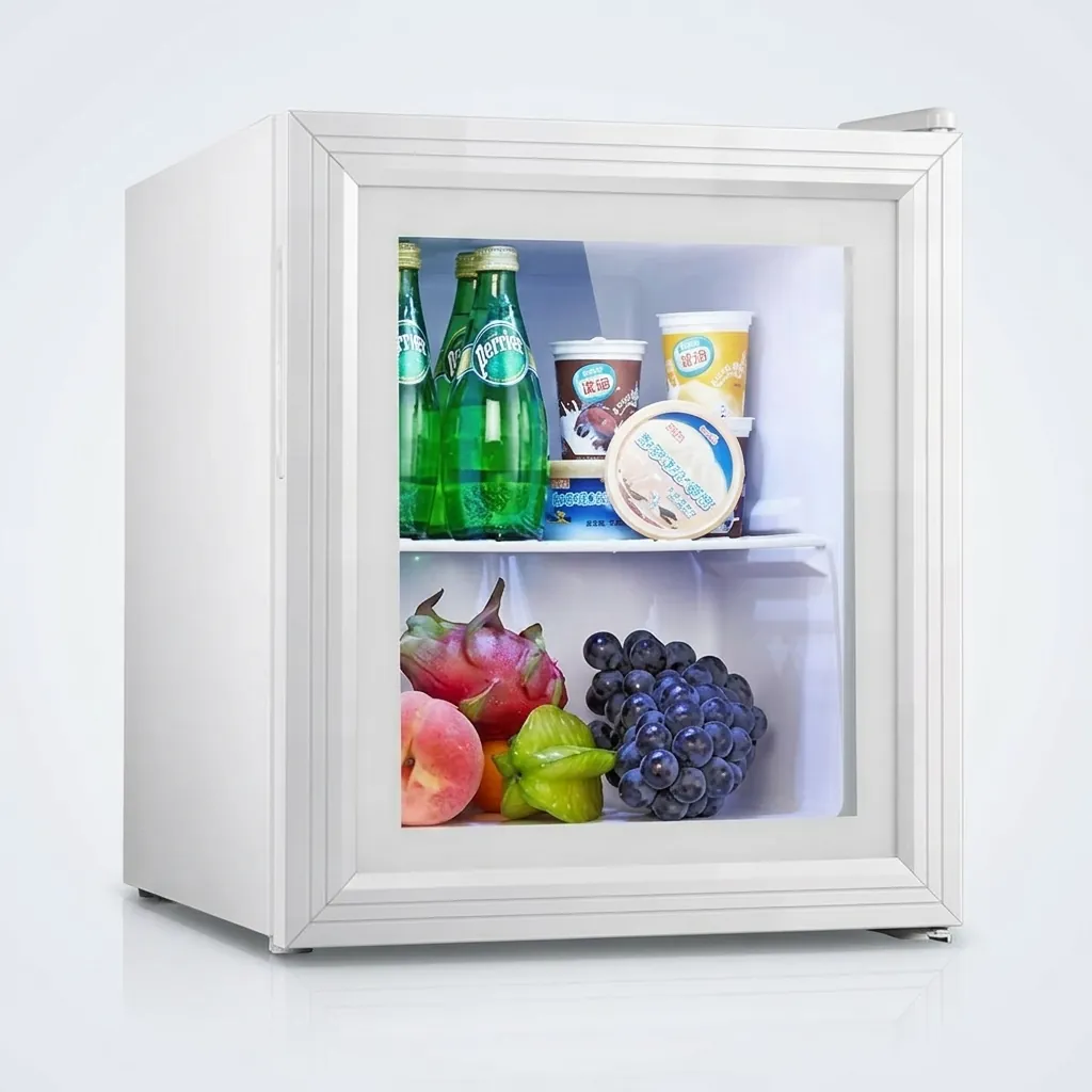 Thermo Absorption Mini Bar 35L with Magic Shelf — MBF-1039 — A 35L thermoelectric minibar with an aluminium interior and a magic-shelf design for varied bottle sizes. The compressor-free system runs silent with no vibration or CFC, holding 12 degrees with a reversible door and internal LED light. Measures 38.3x45.5x48.5cm, finished in white. (image 3)