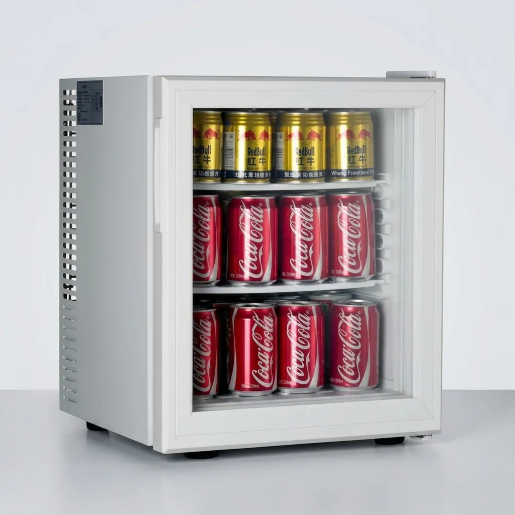 Thermo Absorption Mini Bar 35L with Magic Shelf — MBF-1039 — A 35L thermoelectric minibar with an aluminium interior and a magic-shelf design for varied bottle sizes. The compressor-free system runs silent with no vibration or CFC, holding 12 degrees with a reversible door and internal LED light. Measures 38.3x45.5x48.5cm, finished in white. (image 4)