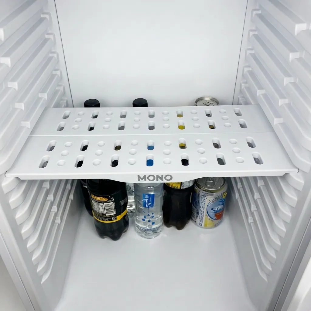 Thermo Absorption Mini Bar 35L with Magic Shelf — MBF-1039 — A 35L thermoelectric minibar with an aluminium interior and a magic-shelf design for varied bottle sizes. The compressor-free system runs silent with no vibration or CFC, holding 12 degrees with a reversible door and internal LED light. Measures 38.3x45.5x48.5cm, finished in white. (image 1)
