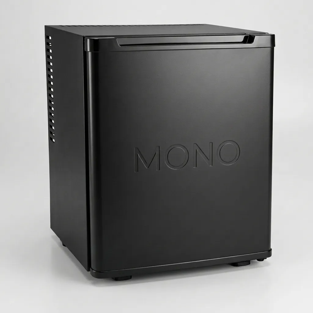 Thermo Absorption Mini Bar 30L with Aluminum Interior [1040] — MBF-1040 — A 30L thermoelectric minibar with a solid door and an aluminium interior for efficient, even cooling. The compressor-free system runs silent at 0dB with no vibration or CFC, holding 6 to 15 degrees with a magic shelf, reversible door and internal LED light. Dual-voltage and measuring 38.5x42x47.5cm, finished in black. (image 1)