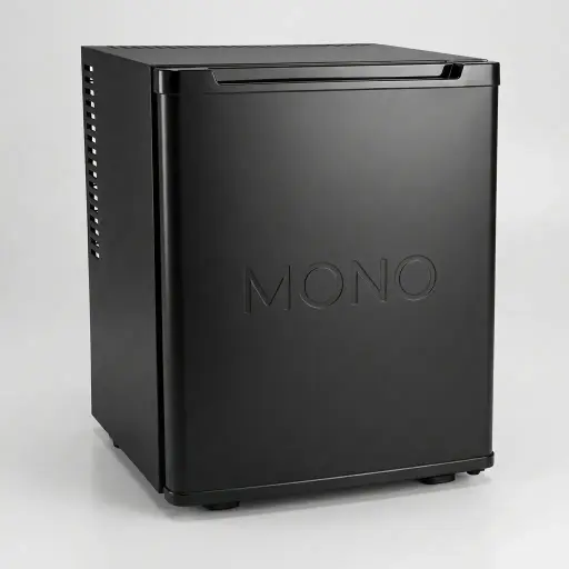 Thermo Absorption Mini Bar 30L with Aluminum Interior [1040] — MBF-1040 — A 30L thermoelectric minibar with a solid door and an aluminium interior for efficient, even cooling. The compressor-free system runs silent at 0dB with no vibration or CFC, holding 6 to 15 degrees with a magic shelf, reversible door and internal LED light. Dual-voltage and measuring 38.5x42x47.5cm, finished in black.