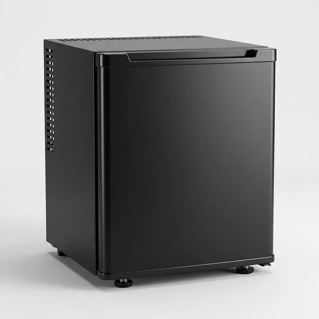 Thermo Absorption Mini Bar 30L with Aluminum Interior [1040] — MBF-1040 — A 30L thermoelectric minibar with a solid door and an aluminium interior for efficient, even cooling. The compressor-free system runs silent at 0dB with no vibration or CFC, holding 6 to 15 degrees with a magic shelf, reversible door and internal LED light. Dual-voltage and measuring 38.5x42x47.5cm, finished in black. (image 2)