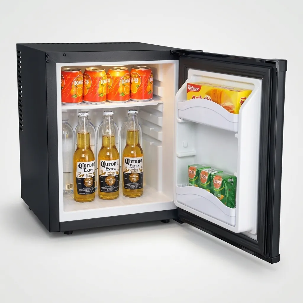 Thermo Absorption Mini Bar 30L with Aluminum Interior [1040] — MBF-1040 — A 30L thermoelectric minibar with a solid door and an aluminium interior for efficient, even cooling. The compressor-free system runs silent at 0dB with no vibration or CFC, holding 6 to 15 degrees with a magic shelf, reversible door and internal LED light. Dual-voltage and measuring 38.5x42x47.5cm, finished in black. (image 3)