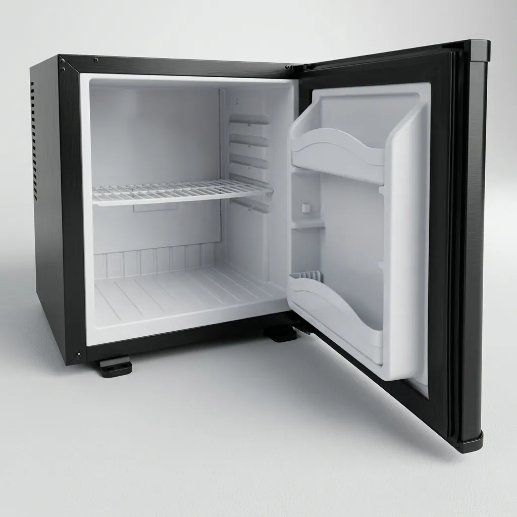Thermo Absorption Mini Bar 30L with Aluminum Interior [1040] — MBF-1040 — A 30L thermoelectric minibar with a solid door and an aluminium interior for efficient, even cooling. The compressor-free system runs silent at 0dB with no vibration or CFC, holding 6 to 15 degrees with a magic shelf, reversible door and internal LED light. Dual-voltage and measuring 38.5x42x47.5cm, finished in black. (image 4)