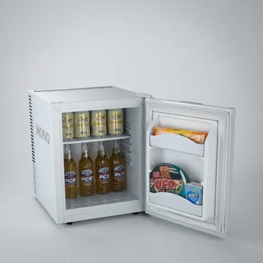 Thermo Absorption Mini Bar 30L with Aluminum Interior [1041] — MBF-1041 — A 30L thermoelectric minibar with a solid door and an aluminium interior for quiet, efficient cooling. The compressor-free system runs at 0dB with no vibration or CFC, holding 6 to 15 degrees with a magic shelf, reversible door and internal LED light. Dual-voltage and measuring 38.5x42x47.5cm, in black or white.