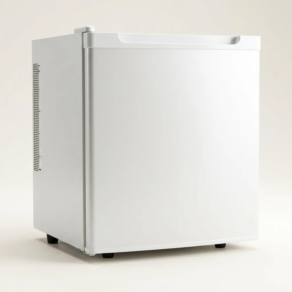 Thermo Absorption Mini Bar 30L with Aluminum Interior [1041] — MBF-1041 — A 30L thermoelectric minibar with a solid door and an aluminium interior for quiet, efficient cooling. The compressor-free system runs at 0dB with no vibration or CFC, holding 6 to 15 degrees with a magic shelf, reversible door and internal LED light. Dual-voltage and measuring 38.5x42x47.5cm, in black or white. (image 2)