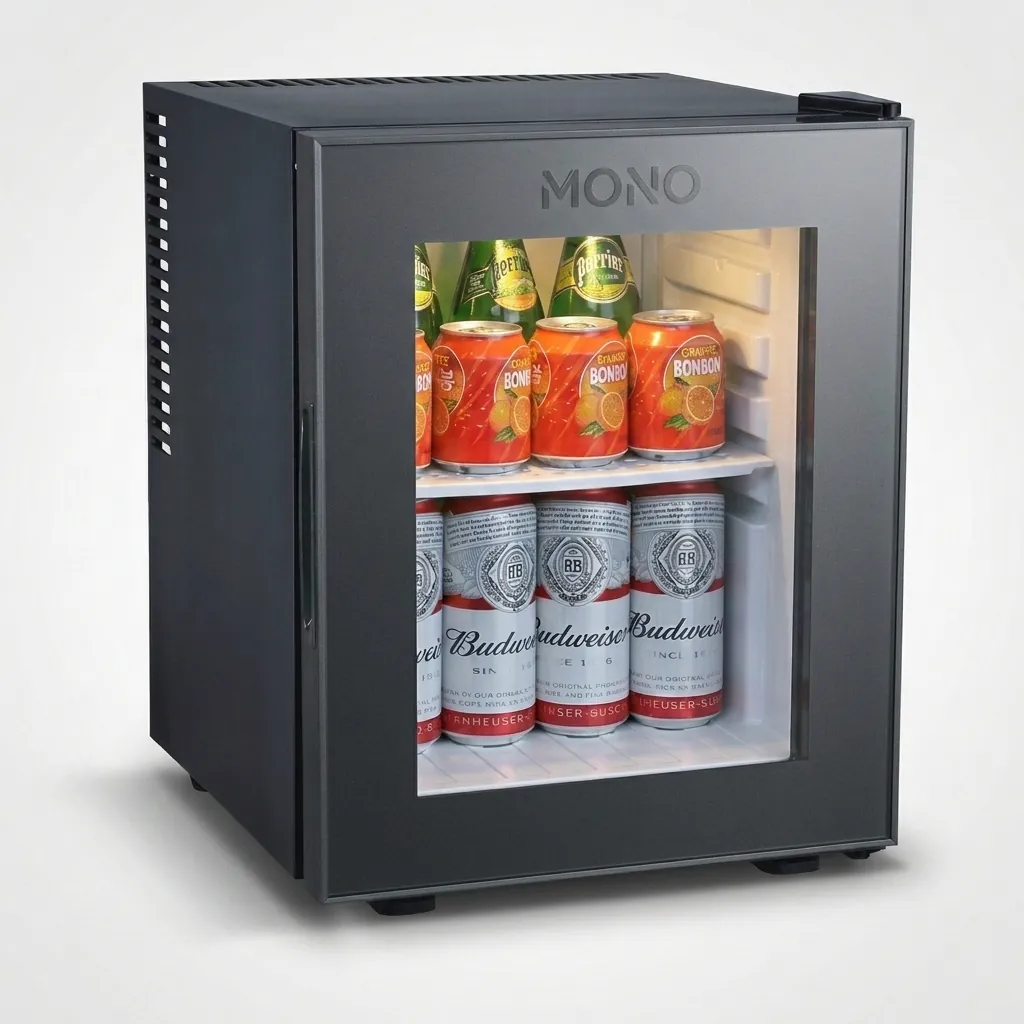 Thermo Absorption Mini Bar 30L with Aluminum Interior [1042] — MBF-1042 — A 30L thermoelectric minibar with a glass door and an aluminium interior for attractive, efficient cooling. The compressor-free system runs silent at 0dB with no vibration or CFC, holding 12 to 16 degrees with a magic shelf and reversible door. Dual-voltage and measuring 38.5x42x48.5cm, finished in black. (image 1)