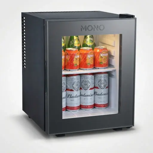 Thermo Absorption Mini Bar 30L with Aluminum Interior [1042] — MBF-1042 — A 30L thermoelectric minibar with a glass door and an aluminium interior for attractive, efficient cooling. The compressor-free system runs silent at 0dB with no vibration or CFC, holding 12 to 16 degrees with a magic shelf and reversible door. Dual-voltage and measuring 38.5x42x48.5cm, finished in black.