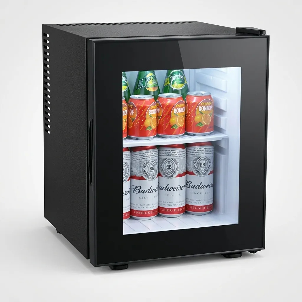 Thermo Absorption Mini Bar 30L with Aluminum Interior [1042] — MBF-1042 — A 30L thermoelectric minibar with a glass door and an aluminium interior for attractive, efficient cooling. The compressor-free system runs silent at 0dB with no vibration or CFC, holding 12 to 16 degrees with a magic shelf and reversible door. Dual-voltage and measuring 38.5x42x48.5cm, finished in black. (image 2)