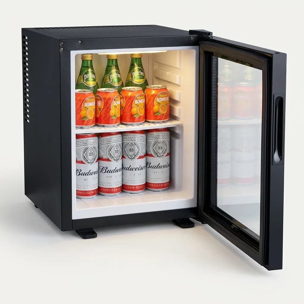 Thermo Absorption Mini Bar 30L with Aluminum Interior [1042] — MBF-1042 — A 30L thermoelectric minibar with a glass door and an aluminium interior for attractive, efficient cooling. The compressor-free system runs silent at 0dB with no vibration or CFC, holding 12 to 16 degrees with a magic shelf and reversible door. Dual-voltage and measuring 38.5x42x48.5cm, finished in black. (image 3)