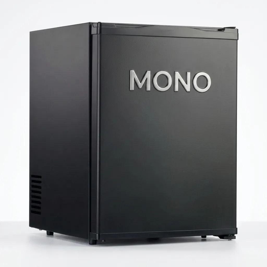 Thermo Absorption Mini Bar 40L with Solid Door — MBF-1043 — A 40L thermoelectric minibar with a solid door and internal LED light for quiet, low-energy cooling. The vibration-free, environmentally friendly design holds 6 to 10 degrees with a long service life and easy maintenance. Dual-voltage and measuring 40x41x55cm, finished in black.