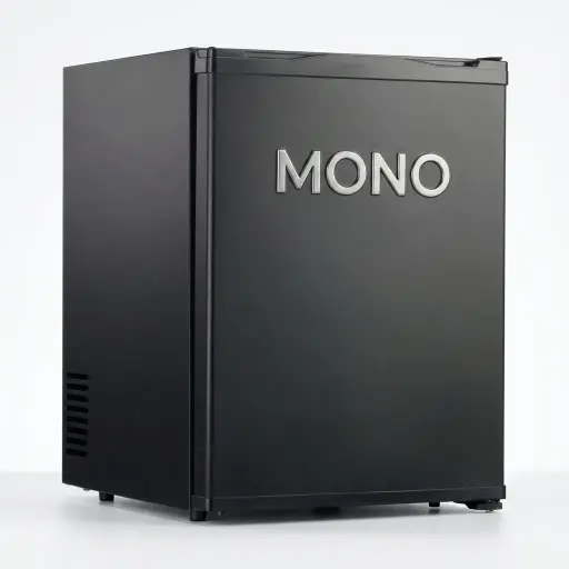 Thermo Absorption Mini Bar 40L with Solid Door — MBF-1043 — A 40L thermoelectric minibar with a solid door and internal LED light for quiet, low-energy cooling. The vibration-free, environmentally friendly design holds 6 to 10 degrees with a long service life and easy maintenance. Dual-voltage and measuring 40x41x55cm, finished in black.