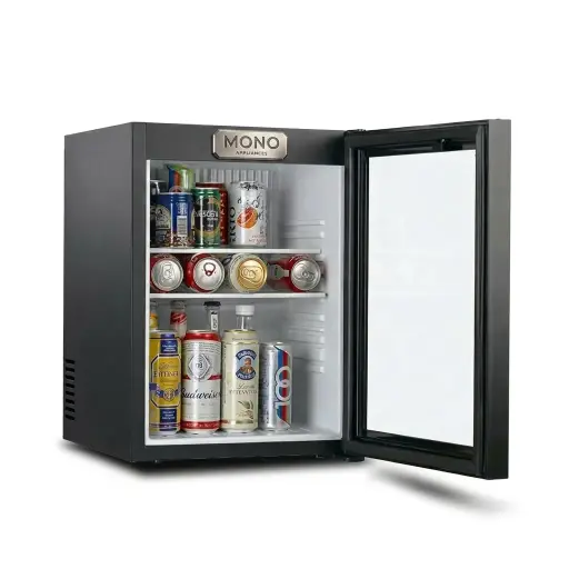 Thermo Absorption Mini Bar 40L with Glass Door — MBF-1044 — A 40L thermoelectric minibar with a double-glazed glass door and internal LED light for in-room display. The vibration-free, environmentally friendly design holds 10 to 16 degrees with low energy use and a long service life. Dual-voltage and measuring 40x41x55cm, finished in black.