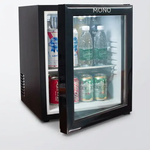 Thermo Absorption Mini Bar 30L with Glass Door — MBF-1046 — A 30L thermoelectric minibar with a double-glazed glass door and internal LED light for in-room display. The vibration-free, environmentally friendly design holds 8 to 14 degrees with low energy use and a long service life. Dual-voltage and measuring 40x39x48cm, finished in black.