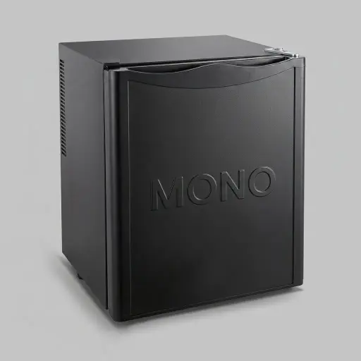Thermo Absorption Mini Bar 25L with Solid Door — MBF-1048 — A 25L thermoelectric minibar with a solid door and refrigerant-free Peltier heat-pipe cooling for silent, 0dB operation. Eco-friendly with no CFC, it holds 5 to 15 degrees with internal LED light and a magic shelf. Measures 38x37x49cm, in black or white.