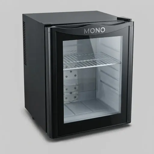 Thermo Absorption Mini Bar 25L with Glass Door — MBF-1049 — A 25L thermoelectric minibar with a glass door and refrigerant-free Peltier heat-pipe cooling for silent, 0dB operation. Eco-friendly with no CFC, it holds 10 to 18 degrees with internal LED light and a magic shelf. Measures 38x37x49cm, in black or white.