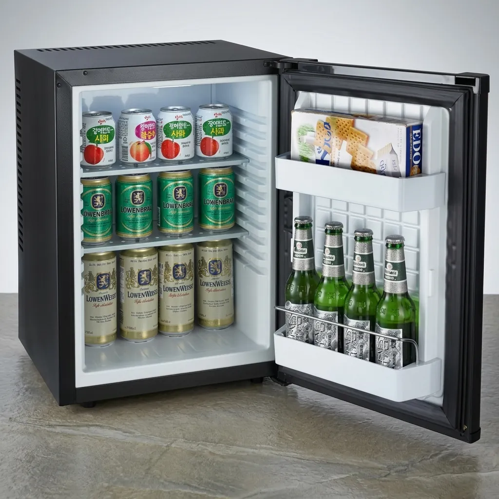 Thermo Absorption Mini Bar 40L with Magic Shelf [1050] — MBF-1050 — A 40L thermoelectric minibar with a solid door and a magic-shelf design that adapts to different bottle sizes. The compressor-free heat-absorption system runs silent with no vibration or CFC, holding 5 to 12 degrees with a reversible door and internal LED light. Measures 40x42x57cm, in black or white. (image 2)