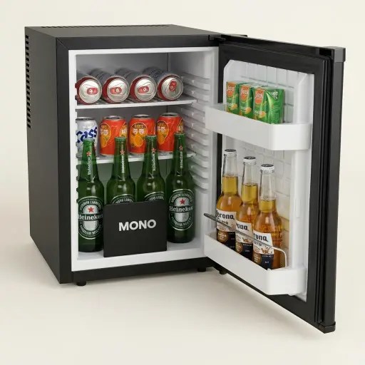 Thermo Absorption Mini Bar 40L with Magic Shelf [1050] — MBF-1050 — A 40L thermoelectric minibar with a solid door and a magic-shelf design that adapts to different bottle sizes. The compressor-free heat-absorption system runs silent with no vibration or CFC, holding 5 to 12 degrees with a reversible door and internal LED light. Measures 40x42x57cm, in black or white.