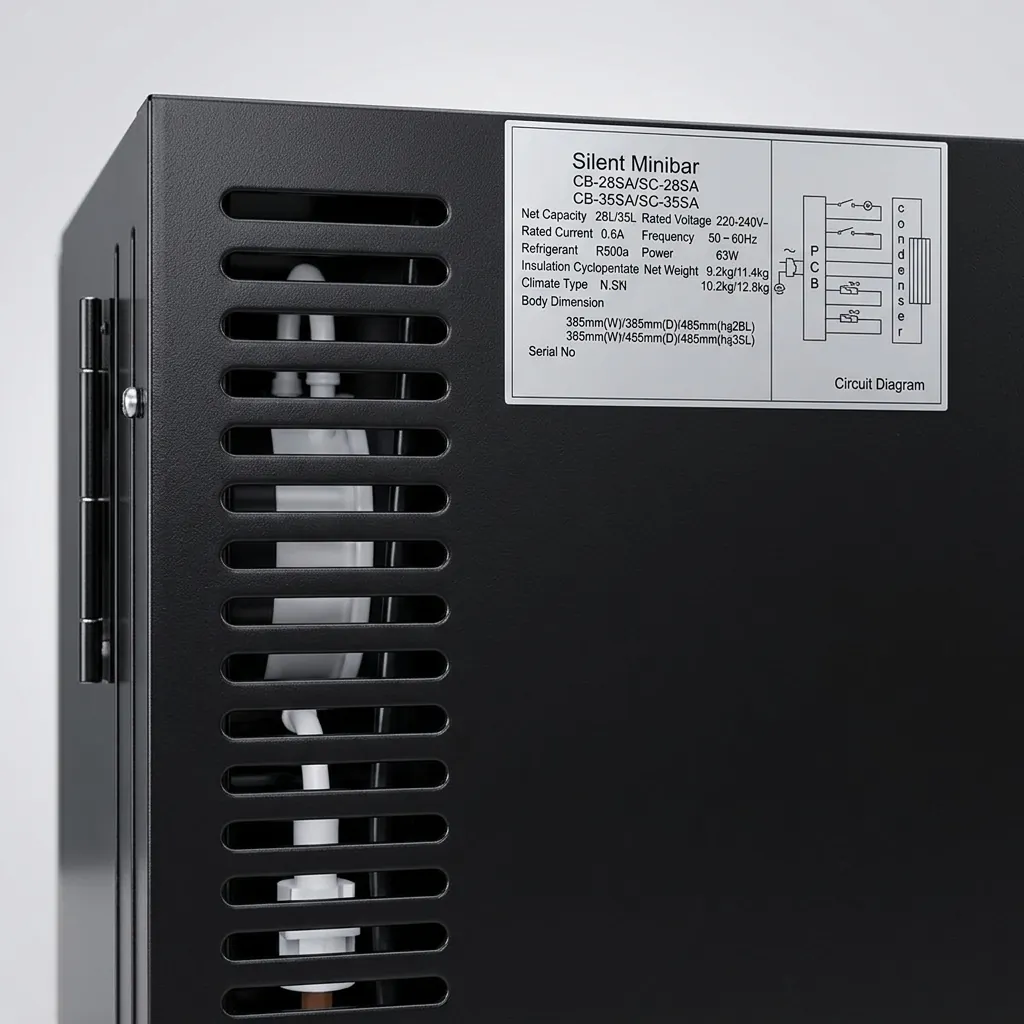 Thermo Absorption Mini Bar 40L with Magic Shelf [1050] — MBF-1050 — A 40L thermoelectric minibar with a solid door and a magic-shelf design that adapts to different bottle sizes. The compressor-free heat-absorption system runs silent with no vibration or CFC, holding 5 to 12 degrees with a reversible door and internal LED light. Measures 40x42x57cm, in black or white. (image 3)