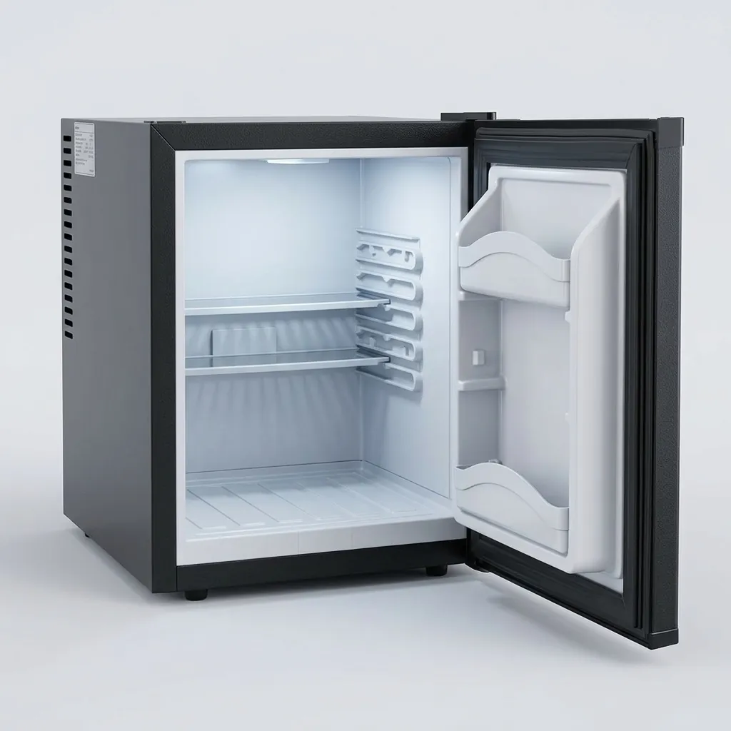 Thermo Absorption Mini Bar 40L with Magic Shelf [1050] — MBF-1050 — A 40L thermoelectric minibar with a solid door and a magic-shelf design that adapts to different bottle sizes. The compressor-free heat-absorption system runs silent with no vibration or CFC, holding 5 to 12 degrees with a reversible door and internal LED light. Measures 40x42x57cm, in black or white. (image 4)