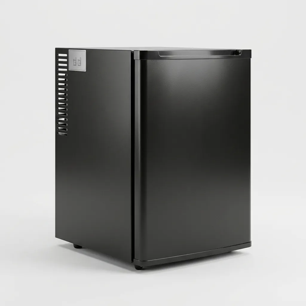 Thermo Absorption Mini Bar 40L with Magic Shelf [1050] — MBF-1050 — A 40L thermoelectric minibar with a solid door and a magic-shelf design that adapts to different bottle sizes. The compressor-free heat-absorption system runs silent with no vibration or CFC, holding 5 to 12 degrees with a reversible door and internal LED light. Measures 40x42x57cm, in black or white. (image 5)