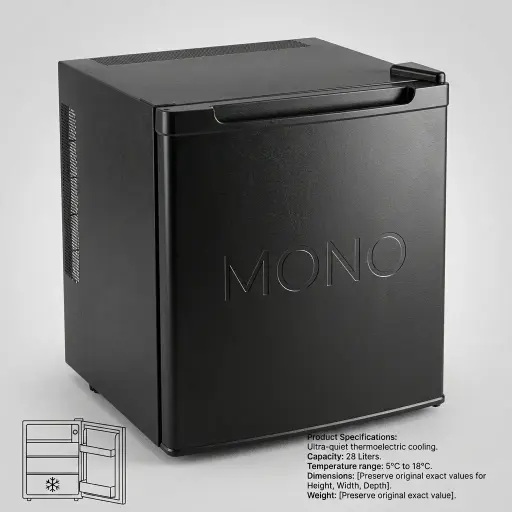 Thermo Absorption Mini Bar 30L with Magic Shelf [1051] — MBF-1051 — A 30L thermoelectric minibar with a solid door and refrigerant-free Peltier heat-pipe cooling for silent, 0dB operation. Eco-friendly with no CFC, it holds 6.5 to 15 degrees with a magic shelf and internal LED light. Measures 42x39.5x49cm, in black or white.