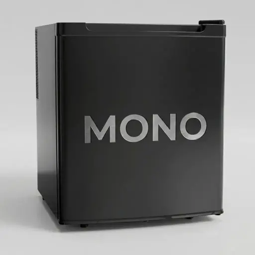 Semi-Conductor Mini Bar 46L with Solid Door — MBF-1052 — A 46L thermoelectric minibar with a solid door and refrigerant-free semiconductor cooling for quiet, eco-friendly operation. Adjustable temperature control holds 8 to 18 degrees, with internal LED light and a magic shelf for varied bottle sizes. Measures 43.5x48x51cm, in black or white.