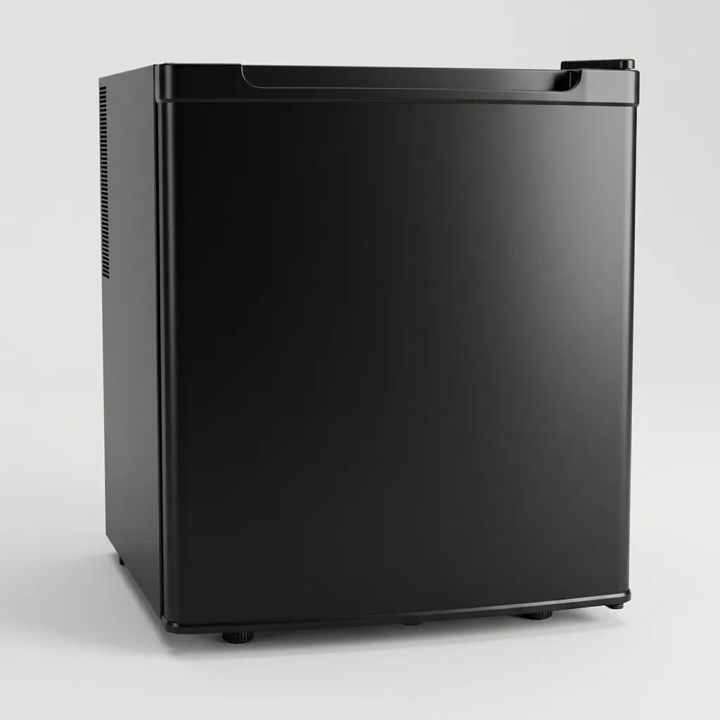 Semi-Conductor Mini Bar 46L with Solid Door — MBF-1052 — A 46L thermoelectric minibar with a solid door and refrigerant-free semiconductor cooling for quiet, eco-friendly operation. Adjustable temperature control holds 8 to 18 degrees, with internal LED light and a magic shelf for varied bottle sizes. Measures 43.5x48x51cm, in black or white. (image 2)