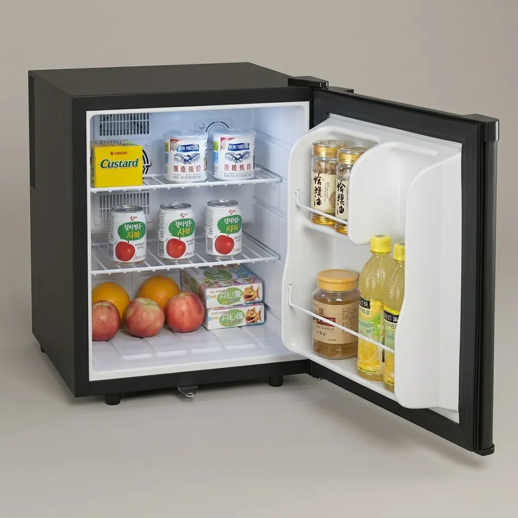 Semi-Conductor Mini Bar 46L with Solid Door — MBF-1052 — A 46L thermoelectric minibar with a solid door and refrigerant-free semiconductor cooling for quiet, eco-friendly operation. Adjustable temperature control holds 8 to 18 degrees, with internal LED light and a magic shelf for varied bottle sizes. Measures 43.5x48x51cm, in black or white. (image 3)