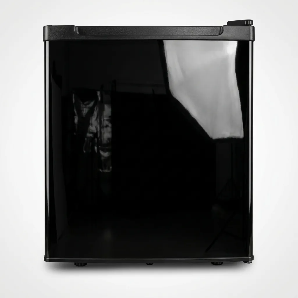 Semi-Conductor Mini Bar 46L with Solid Door — MBF-1052 — A 46L thermoelectric minibar with a solid door and refrigerant-free semiconductor cooling for quiet, eco-friendly operation. Adjustable temperature control holds 8 to 18 degrees, with internal LED light and a magic shelf for varied bottle sizes. Measures 43.5x48x51cm, in black or white. (image 4)