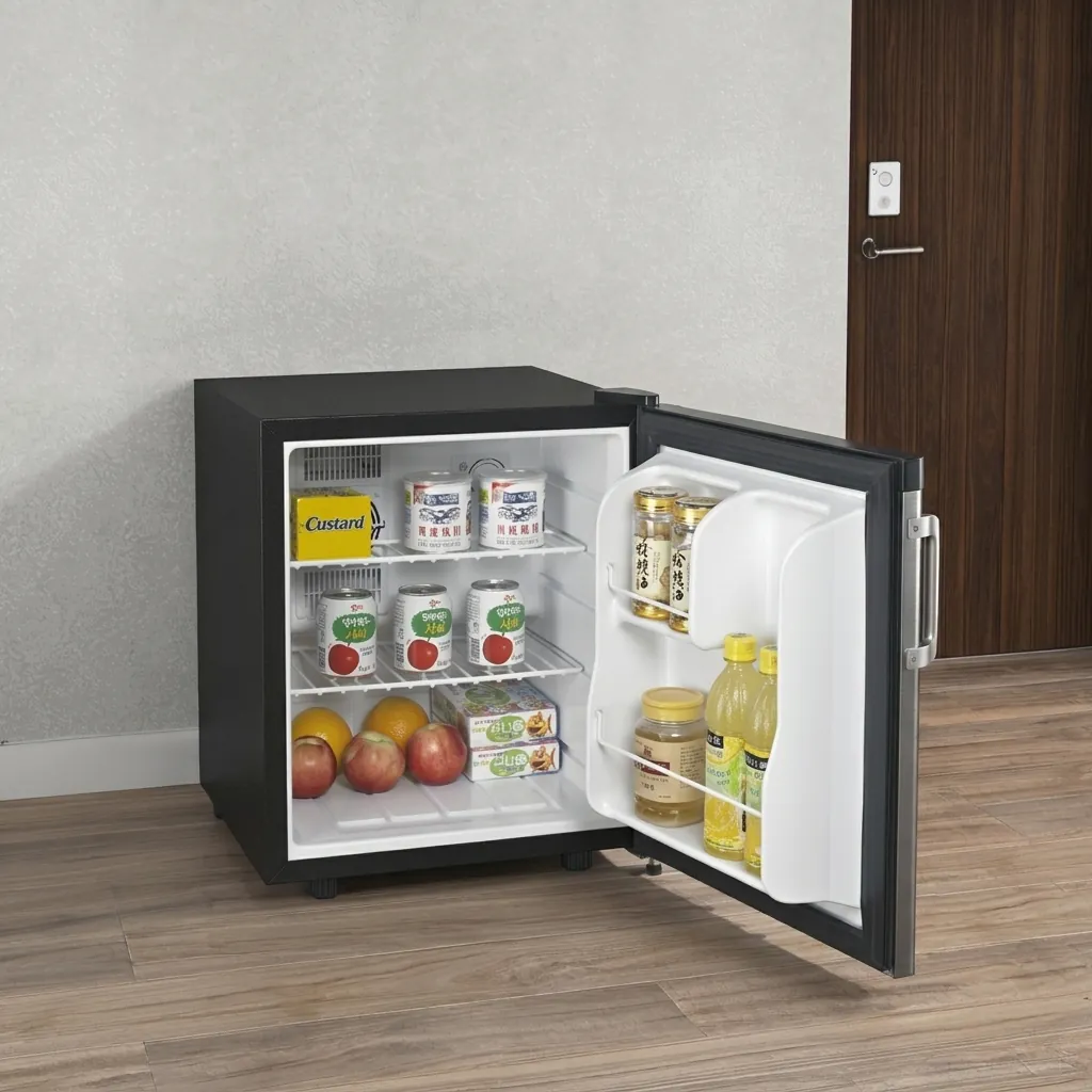 Semi-Conductor Mini Bar 46L with Solid Door — MBF-1052 — A 46L thermoelectric minibar with a solid door and refrigerant-free semiconductor cooling for quiet, eco-friendly operation. Adjustable temperature control holds 8 to 18 degrees, with internal LED light and a magic shelf for varied bottle sizes. Measures 43.5x48x51cm, in black or white. (image 5)