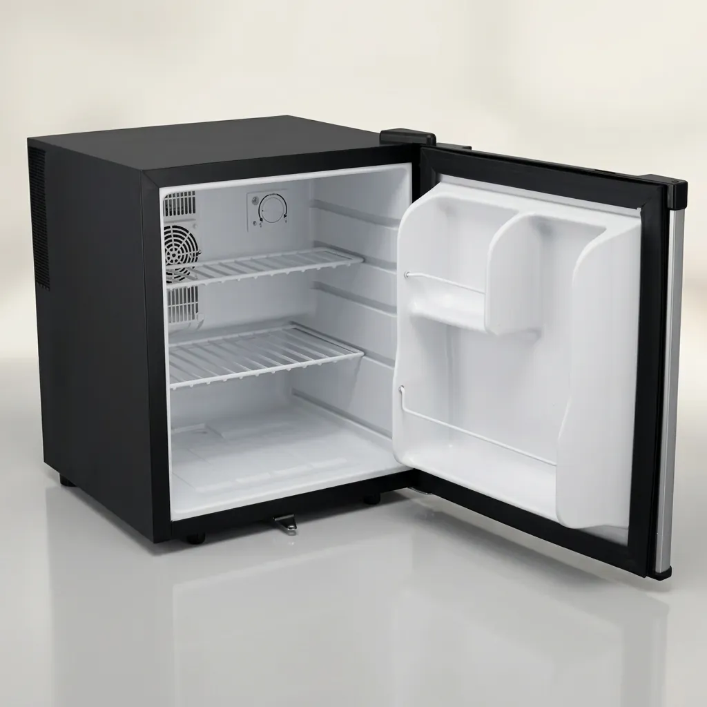 Semi-Conductor Mini Bar 46L with Solid Door — MBF-1052 — A 46L thermoelectric minibar with a solid door and refrigerant-free semiconductor cooling for quiet, eco-friendly operation. Adjustable temperature control holds 8 to 18 degrees, with internal LED light and a magic shelf for varied bottle sizes. Measures 43.5x48x51cm, in black or white. (image 6)